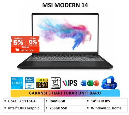 MSI MODERN 14 INTEL I3 1115G4 RAM 8GB 256 SSD WIN11 OHS 14" FHD BACKLIT BLACK